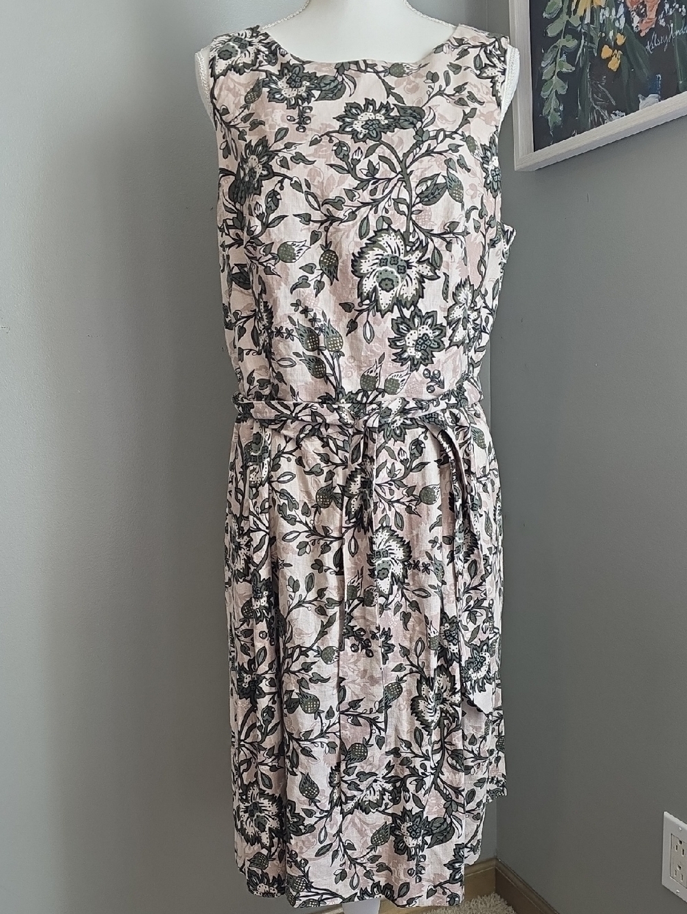 Anne Klein Beige/Green Floral Sleeveless Midi Dress with Belt Size 12